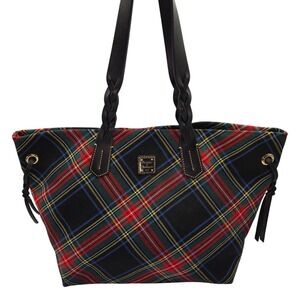 Dooney &‎ Bourke Tartan Plaid Tote Bag Braided Leather Straps Red Green Black